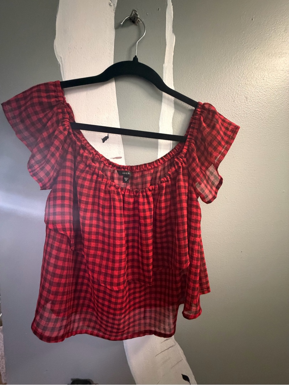 Guess Red Plaid Off-Shoulder Ruffle Blouse